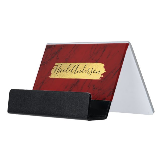 Red & Black Marble Gold Shine Foil Glam Desk Business Card Holder (Angled Front)