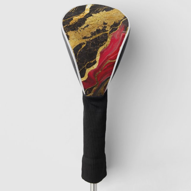 Red Black Marble Pattern with Gold Golf Head Cover (Front)