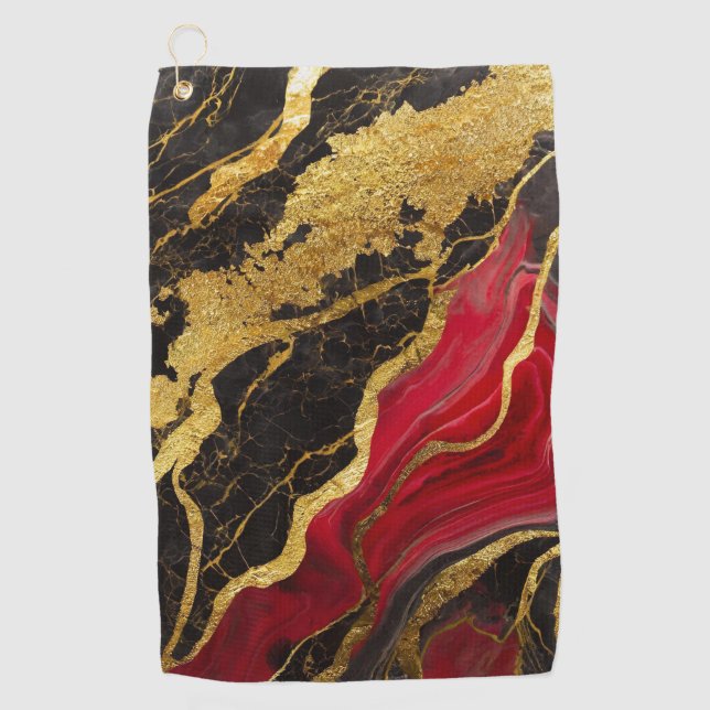 Red Black Marble Pattern with Gold Golf Towel (Front)