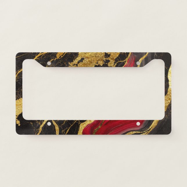 Red Black Marble Pattern with Gold License Plate Frame (Front)