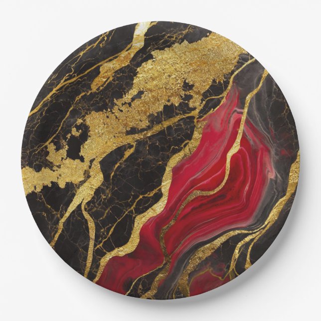 Red Black Marble Pattern with Gold Paper Plates (Front)