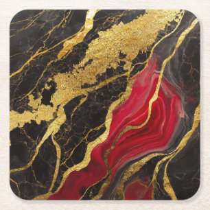 Red Black Marble Pattern with Gold Square Paper Coaster