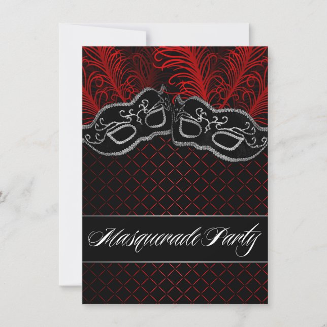 Red Black Mask Masquerade Ball Party Invitations (Front)