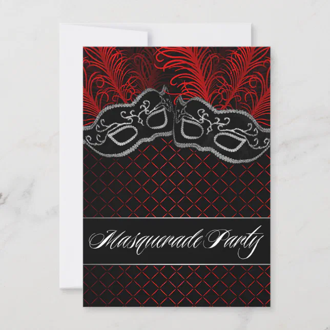 Red Black Mask Masquerade Ball Party Invitations | Zazzle