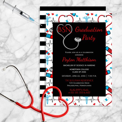 Red  Black Medical Nurse Graduation Party Invitation