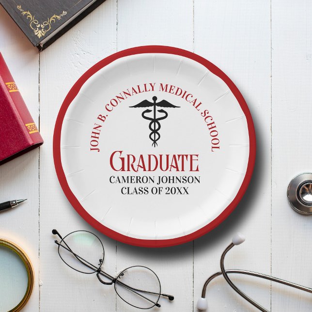Red Black Medical School Custom Graduation Party Paper Plates (Creator Uploaded)
