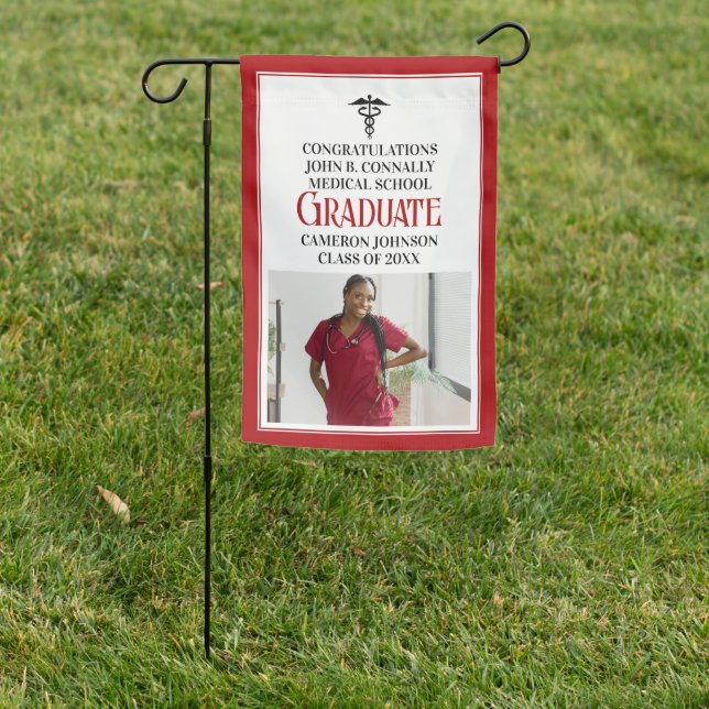 Red Black Medical School Graduation Photo Garden Flag (In SItu)