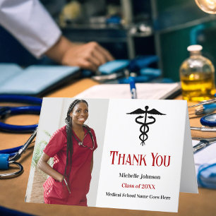 Red Black Medical School Graduation Photo Letterpress Thank You Card