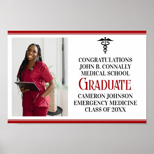 Red Black Medical School Photo Graduation Party Poster