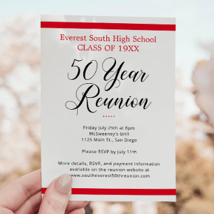 Red Black Minimalist 50 Year Class Reunion Invitation