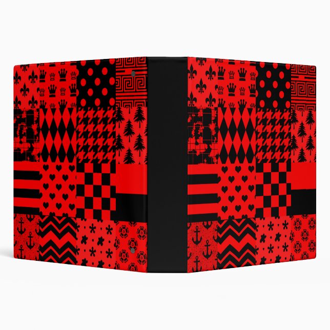 Red Black Mixed Patterns Patchwork Design  3 Ring Binder (Background)