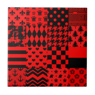 Red Black Mixed Patterns Patchwork Design Ceramic Tile