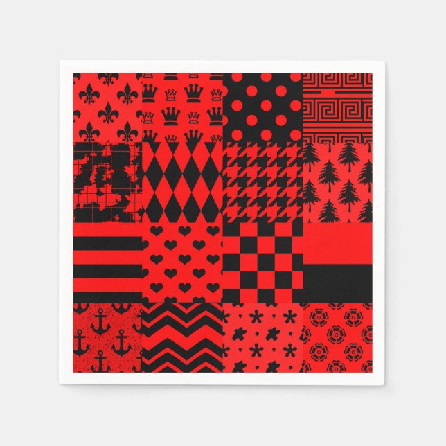 Red Black Mixed Patterns Patchwork Design  Napkins (Front)