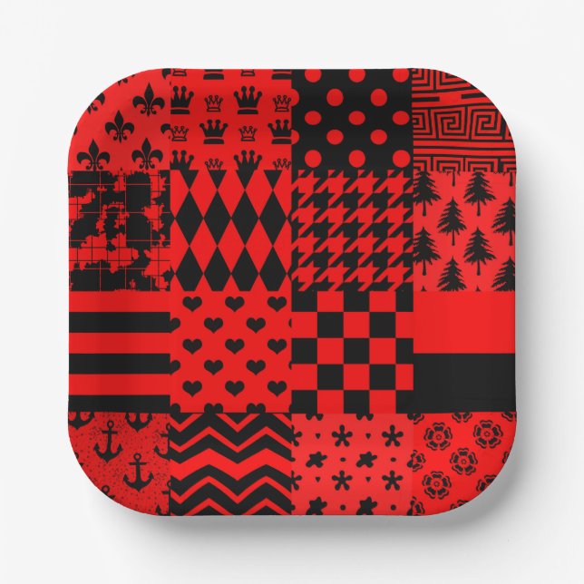 Red Black Mixed Patterns Patchwork Design  Paper Plates (Front)