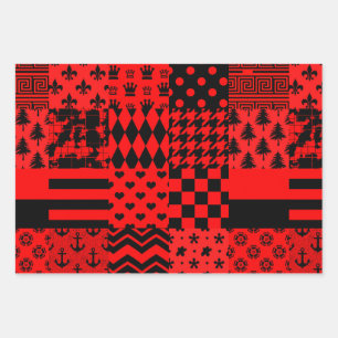 Red Black Mixed Patterns Patchwork Design Wrapping Paper Sheets