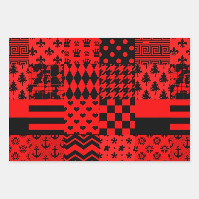 Red Black Mixed Patterns Patchwork Design  Wrapping Paper Sheets (Front)