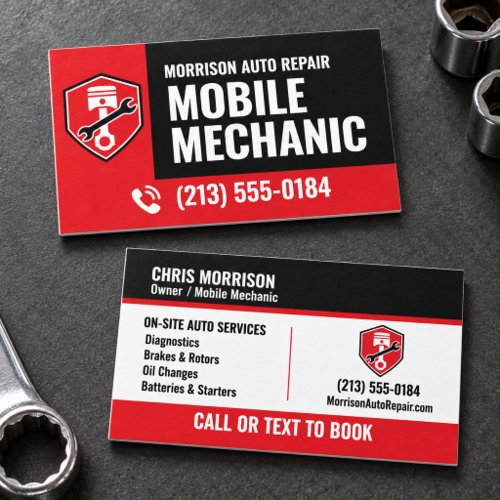 Red & Black Mobile Mechanic Auto Repair Business Card