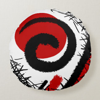 Red & Black Modern Abstract Round Pillow