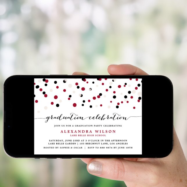 Red & Black Modern Confetti Dots Graduation Party Invitation (Front Digital)