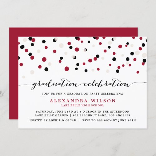 Red  Black Modern Confetti Dots Graduation Party Invitation