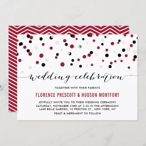 Red  Black Modern Confetti Dots Wedding Invitation