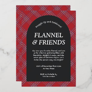Red Black Modern Flannel and Friends Christmas Foil Invitation