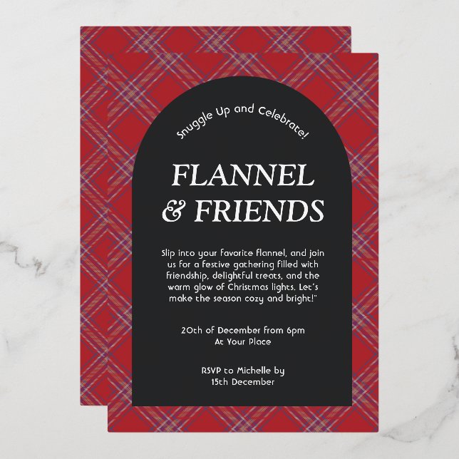 Red Black Modern Flannel and Friends Christmas Foil Invitation (Front/Back)