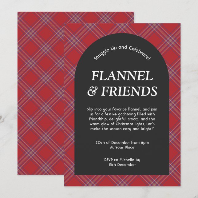 Red Black Modern Flannel and Friends Christmas Invitation (Front/Back)