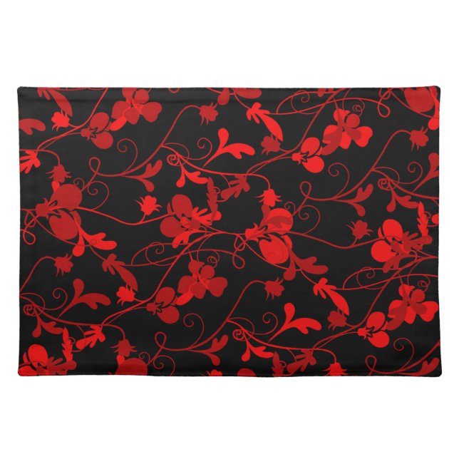Red & Black Modern Floral Flourish Design Cloth Placemat (Front)