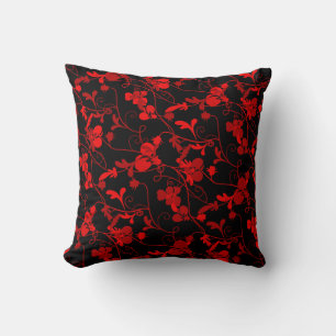 Red & Black Modern Floral Flourish Pattern Throw Pillow