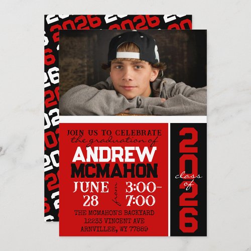 Red  Black Modern Graduation Photo Invitation