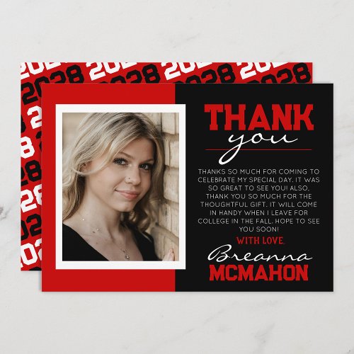 Red  Black Modern Graduation Photo Thank You Card