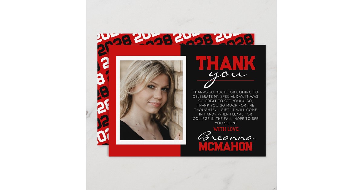 Red & Black Modern Graduation Photo Thank You Card | Zazzle