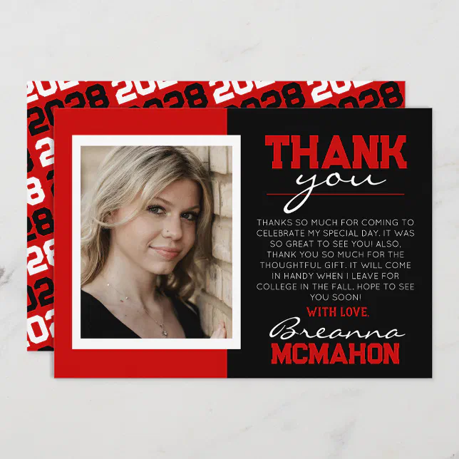 Red & Black Modern Graduation Photo Thank You Card | Zazzle