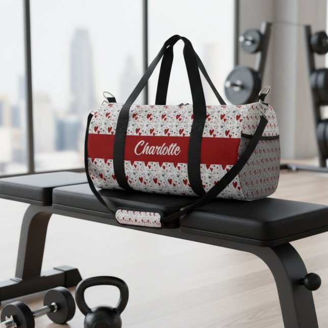 Red Black Modern Hearts Retro Monogram Name Duffle Bag (cute red and black retro hearts duffle bag with name monogram)