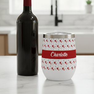 Red Black Modern Hearts Retro Monogram Name Thermal Wine Tumbler