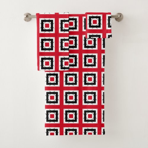 Red  Black Modern Trendy Geometric Pattern Bath Towel Set