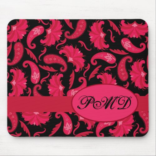 Red Black Monogram Art Deco Parisian Paisley Mouse Pad