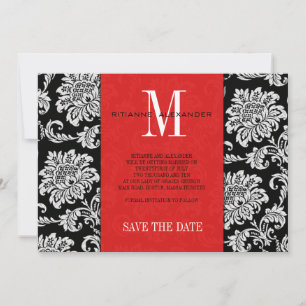 Red Black Monogram Damask Wedding Save The Date