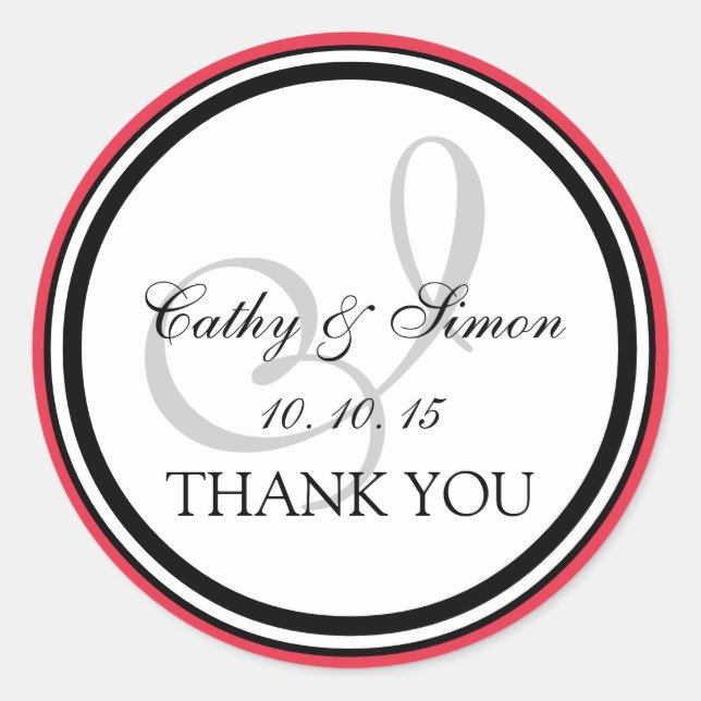 Red Black Monogram I Wedding Thank You Classic Round Sticker (Front)