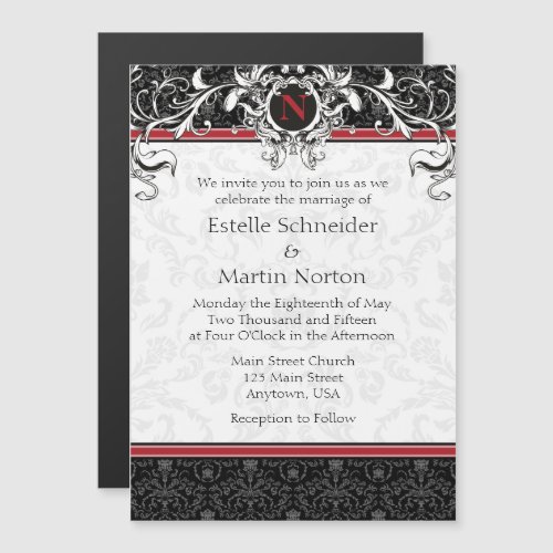 Red Black Monogram Magnetic Wedding Invitation