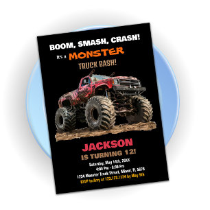 Red Black Monster Truck Birthday Invitations