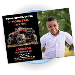 Red Black Monster Truck Birthday Invitations Photo
