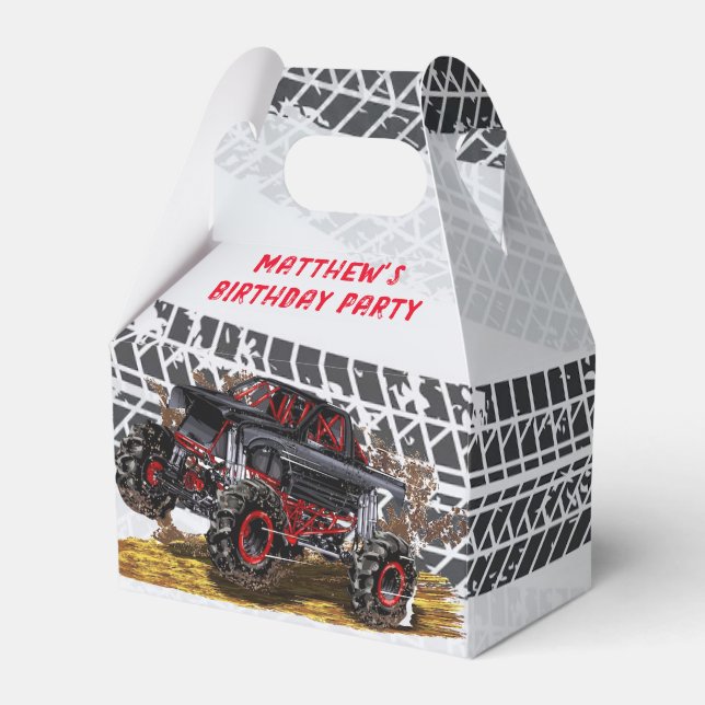 Red Black Monster Truck Birthday Party Favor Boxes (Front Side)