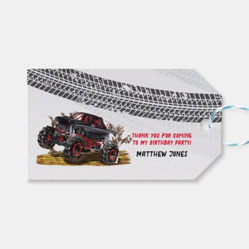 Red Black Monster Truck Birthday Party Gift Tags