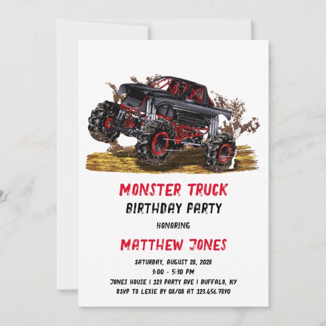 Red Black Monster Truck Birthday Party Invitation (Front)