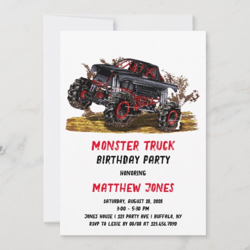 Red Black Monster Truck Birthday Party Invitation