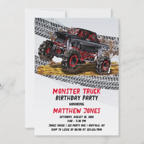 Red Black Monster Truck Birthday Party Invitation