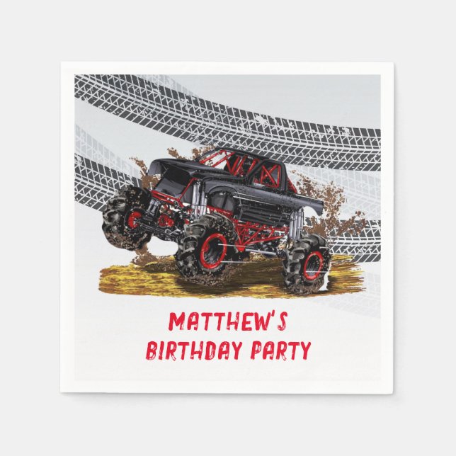 Red Black Monster Truck Birthday Party Invitation Napkins (Front)