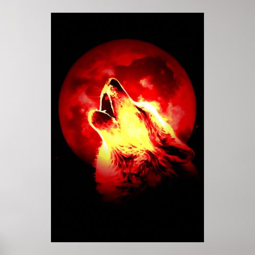 Red Black Motivational Wolf Howls Fullmoon Print